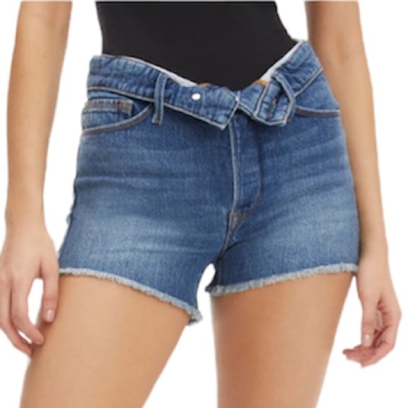 Good American Cutoff Fold Over High Waist Denim Shorts NWT - Picture 2 of 13